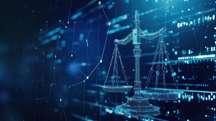 Law scales on background of data center. Legal advice digital concept.