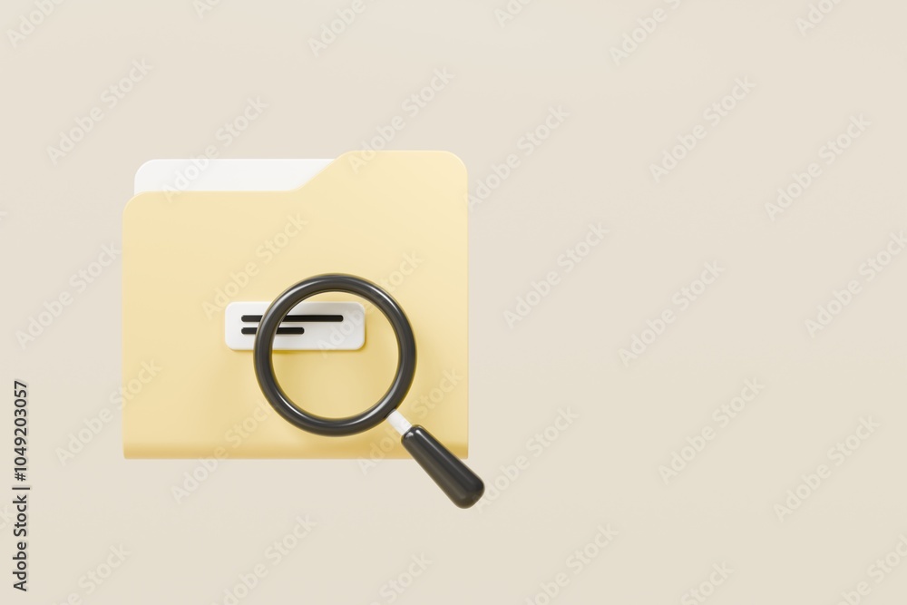 Poster 3d file folder with magnifying glass icon. minimal magnifying glass and folder with files icon isola