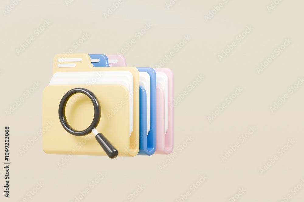 Poster 3d file folder with magnifying glass icon. minimal magnifying glass and folder with files icon isola