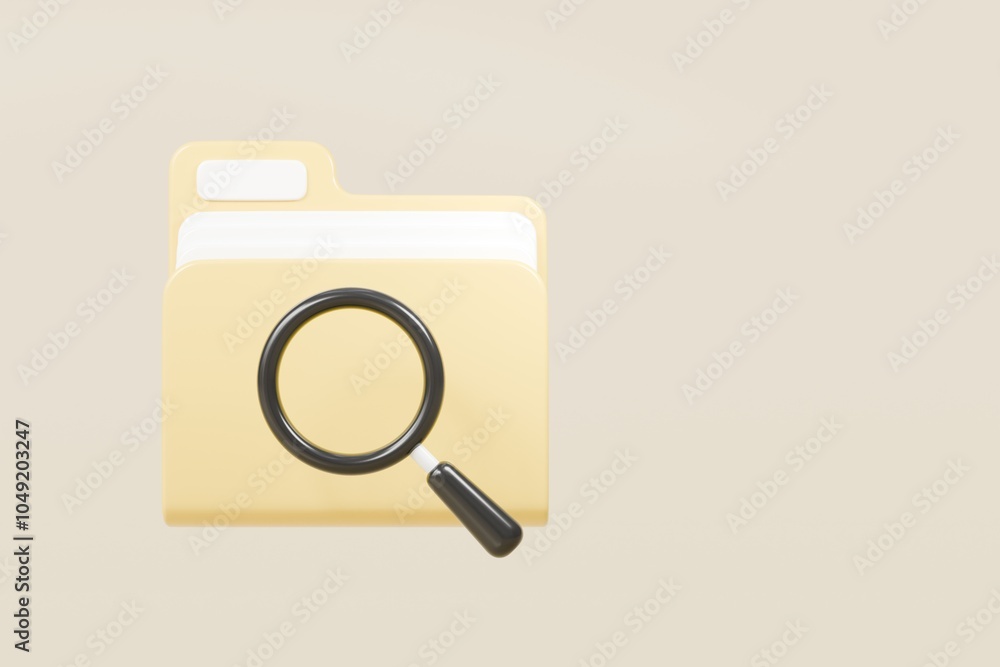 Poster 3d file folder with magnifying glass icon. minimal magnifying glass and folder with files icon isola