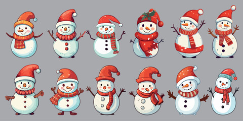 Snowmen collection. Christmas set isolated on a light background. Vector. A group of snowmen wearing red hats and scarves.
