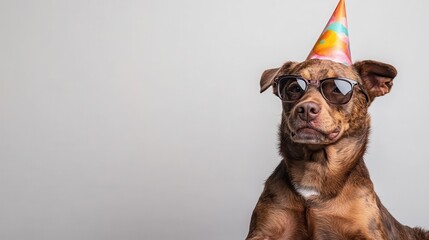 A dog wears festive sunglasses and a colorful party hat, embodying the spirit of celebration and joy, perfect for highlighting cheerful moments and fun occasions.