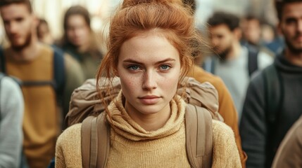 A dynamic portrait of a young woman with striking red hair, backpacking through a vibrant city crowd. Her focused expression stands out beautifully.