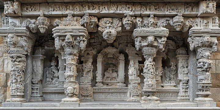 Elaborate Stone Carvings on the Facade of a Hindu Temple