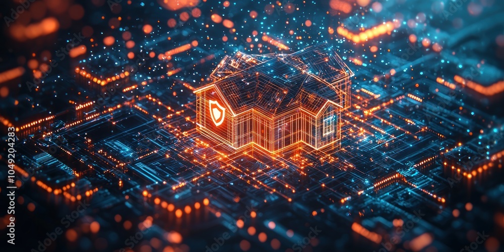 Poster a glowing wireframe house with a shield icon on a digital network.