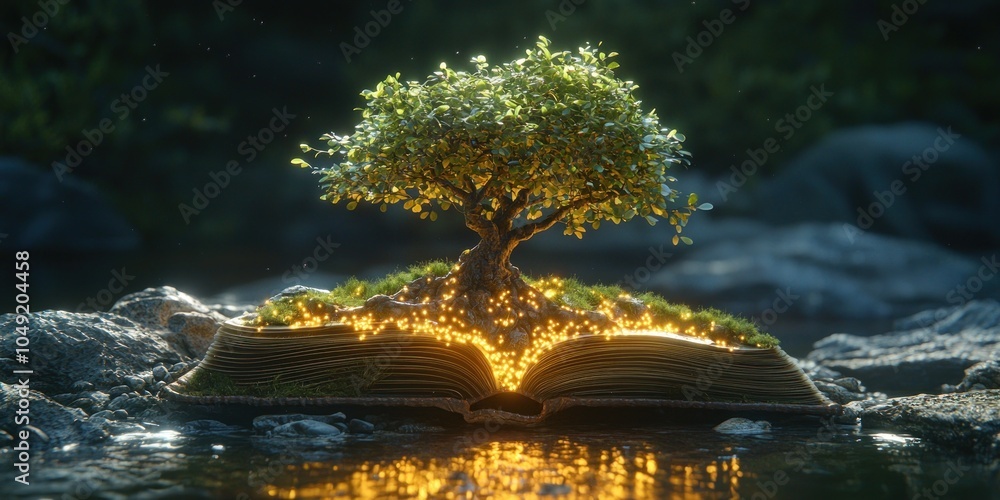 Poster a tree growing from an open book with glowing lights