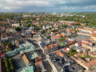 Lund, Sweden - 12 June 2024: Aerial view of Lund city centre with Lund Cathedral in the middle foreground