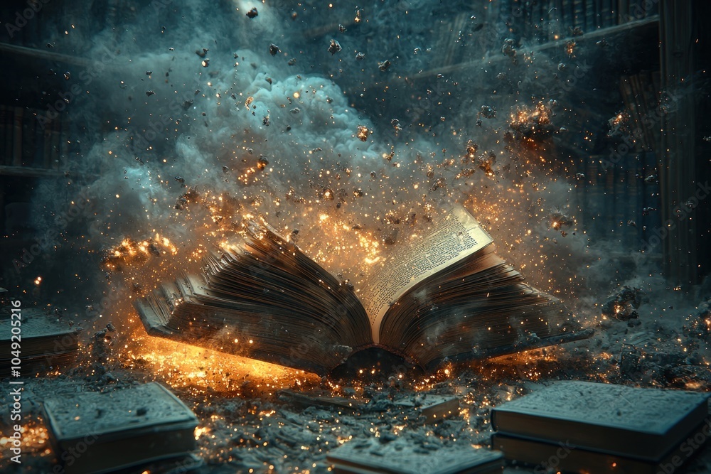 Poster a book exploding in a burst of light and smoke