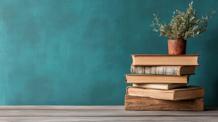 A stack of worn books rests against a teal colored wall accompanied by a small lush plant, capturing a harmonious blend of knowledge, history, and nature.