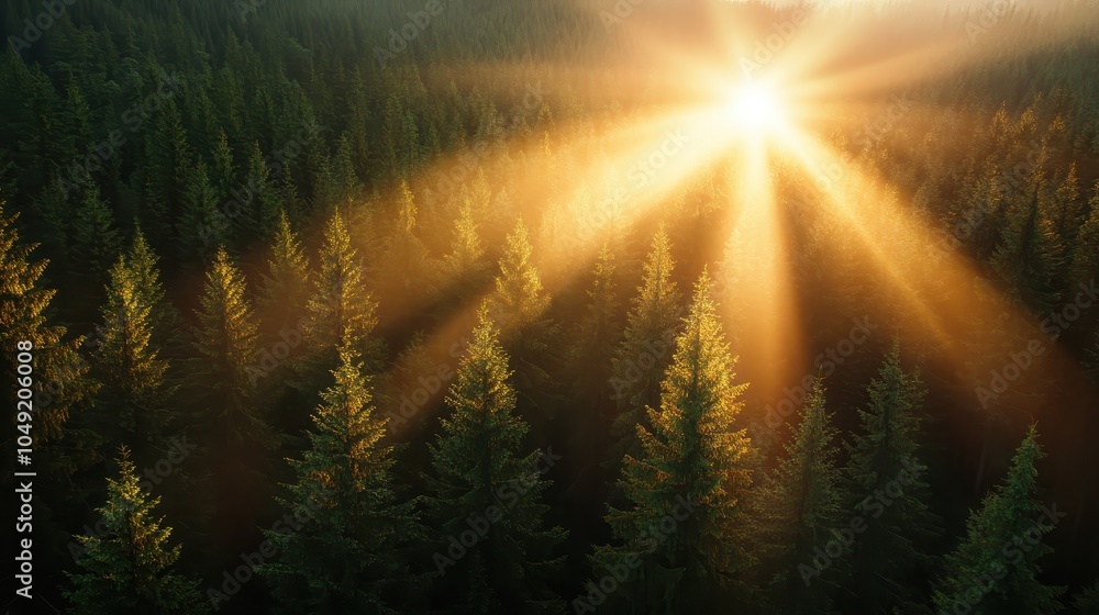 Poster an image capturing sunlight breaking through the dense canopy of an evergreen forest, casting radian