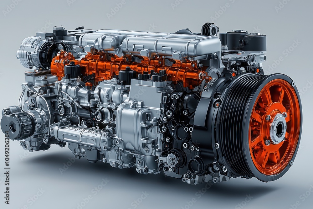 Poster a detailed view of a powerful and modern internal combustion engine