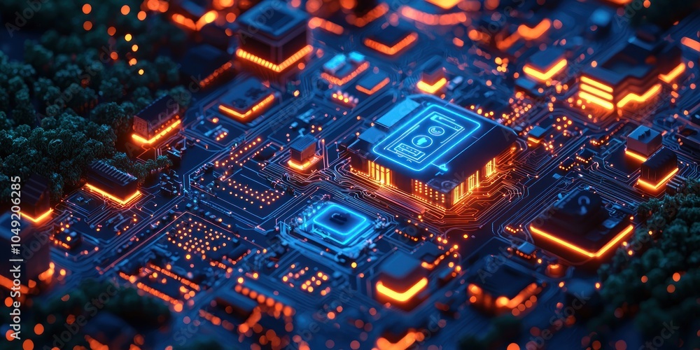 Poster a 3d rendered circuit board with a smartphone icon