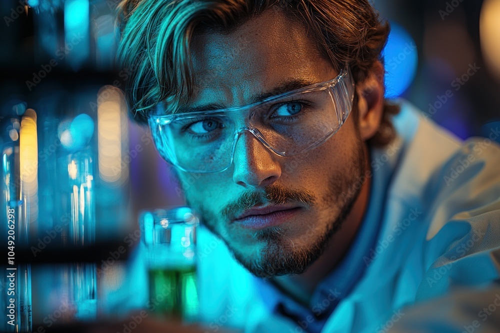 Poster close-up of a scientist in a lab examining a green liquid