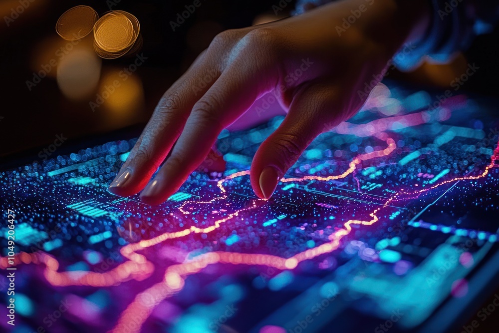 Aufkleber A Hand Interacting with a Digital Interface Displaying Glowing Lines and Data