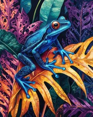 Vibrant Blue Frog on Colorful Leaf in Jungle Setting