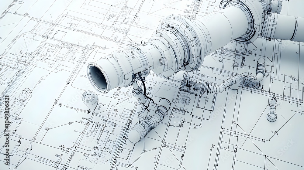 Poster detailed 3d render of pvc pipes fittings and joints in technical plumbing blueprints schematics and 