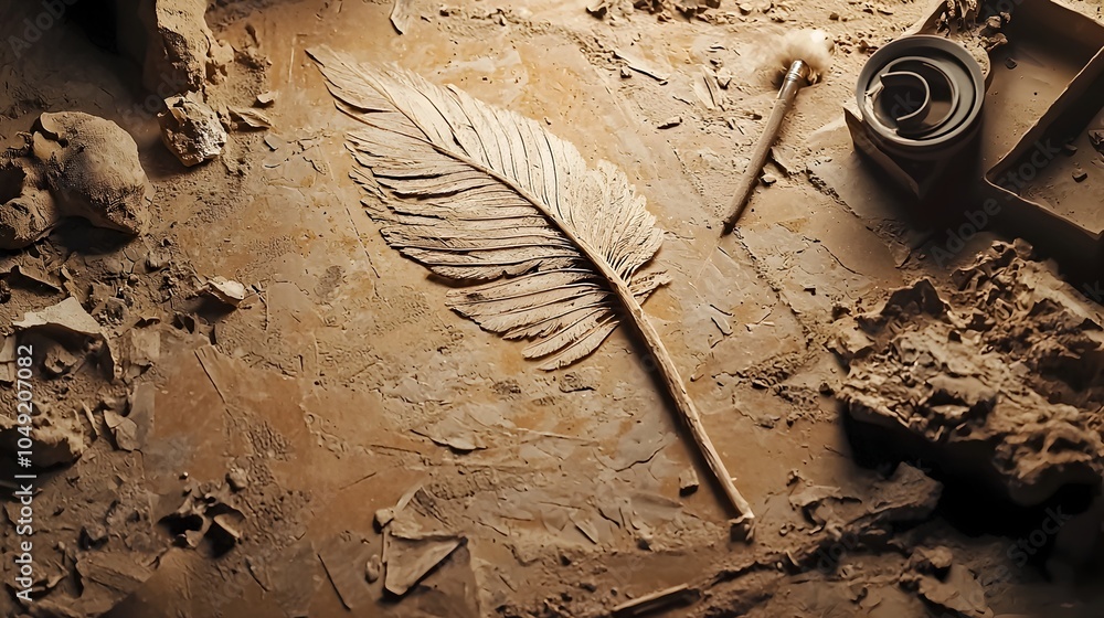 Poster Detailed Archaeopteryx Fossil with Clearly Defined Feather Imprints Revealing Evolutionary Insights into the Transition Between Dinosaurs and Birds