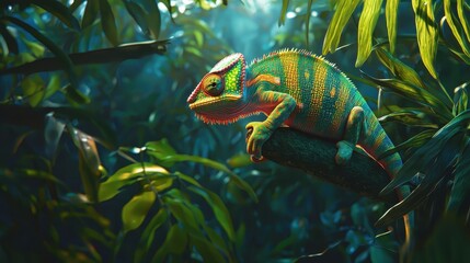 Vibrant Chameleon Changing Colors in Lush Environment