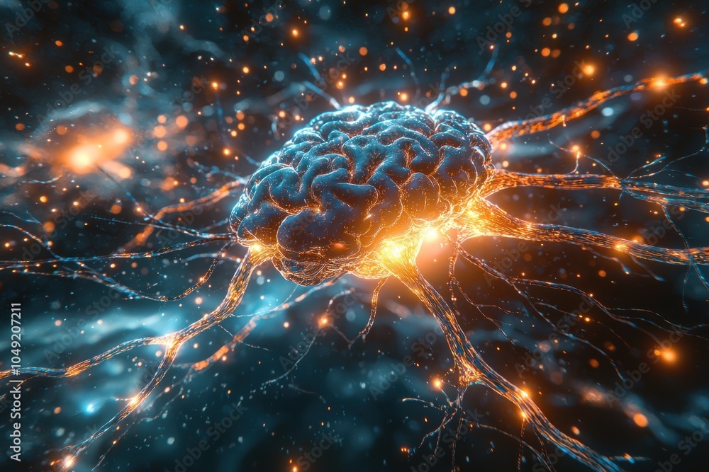 Poster glowing brain neuron network with abstract background