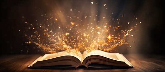 Old book opened and light particles on dark background. Education and literature concept