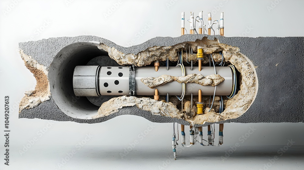 Poster detailed cross section of an underground sewer drainage pipeline network infrastructure system using