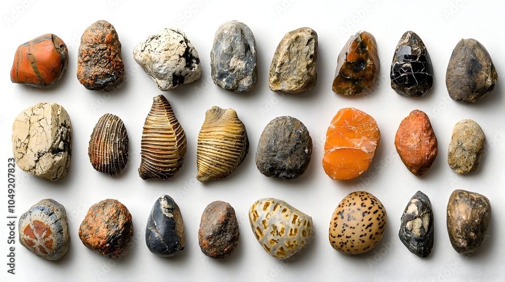 Poster A carefully curated collection of small well preserved brachiopod fossils neatly arranged for scientific study educational display and showcasing the natural wonders of the ancient geologic past