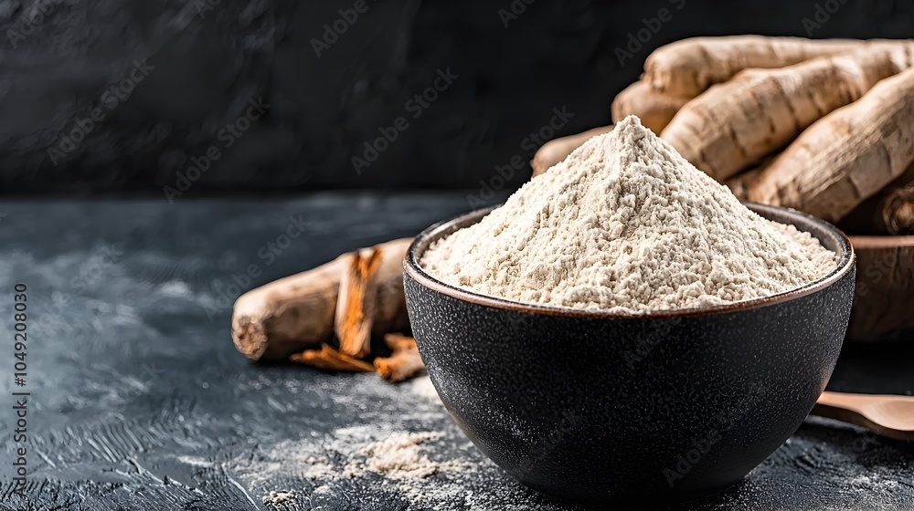 Poster a close up shot of a black bowl filled with fine cassava flour surrounded by some fresh cassava root