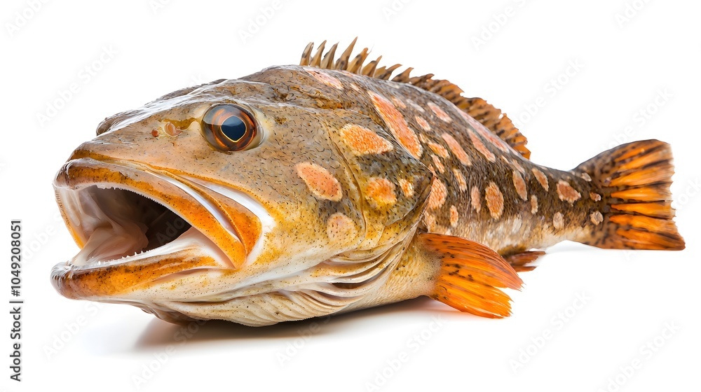 Poster a closeup image of a grouper fish lying flat with a slightly opened mouth showcasing its natural und