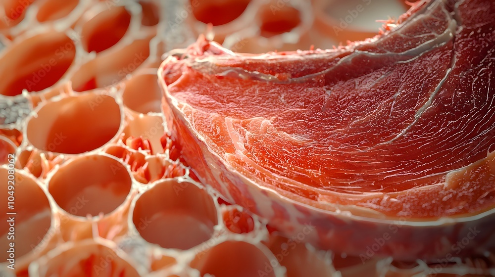 Poster a close up view of a cross section of a swordfish steak showcasing the intricate texture and details