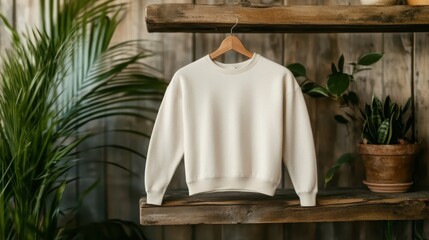 A white sweatshirt is displayed hanging on a rustic wooden shelf, surrounded by green plants, capturing a sense of casual comfort and natural lifestyle aesthetics.