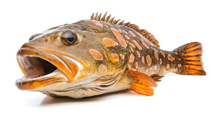 A closeup image of a grouper fish lying flat with a slightly opened mouth showcasing its natural underwater habitat and serene aquatic ecosystem