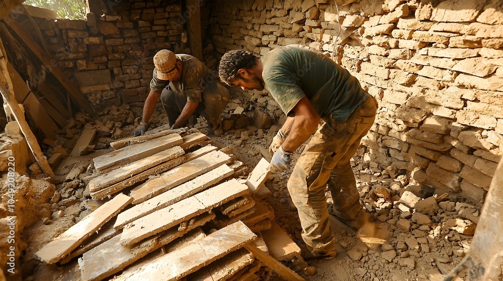 Aufkleber a group of workers carefully arranging raw clay slabs in an organized manner within an industrial wo