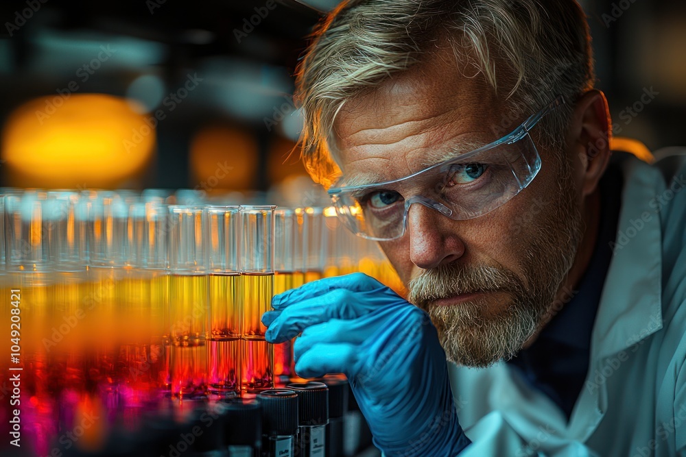 Poster a focused scientist examining colorful liquid samples in test tubes
