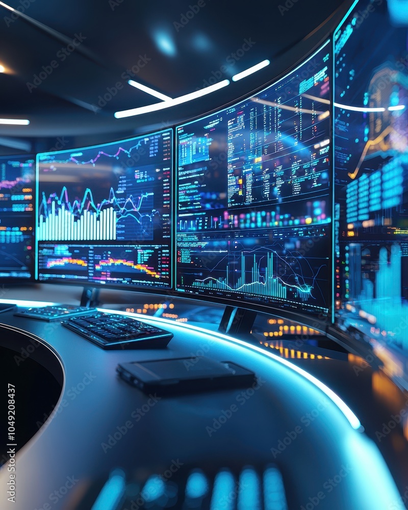 Poster futuristic workspace with curved monitors and data display