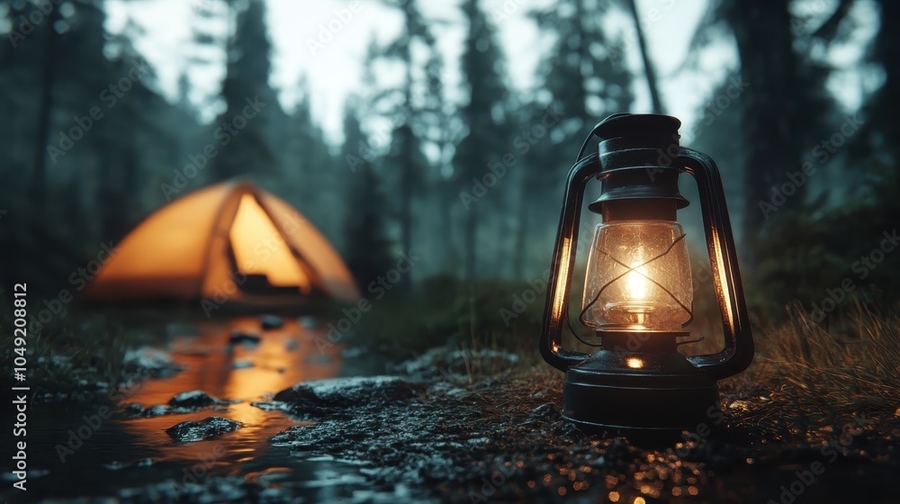 Poster a warm lantern casts a gentle glow beside a tent in a tranquil forest, capturing the serene ambiance