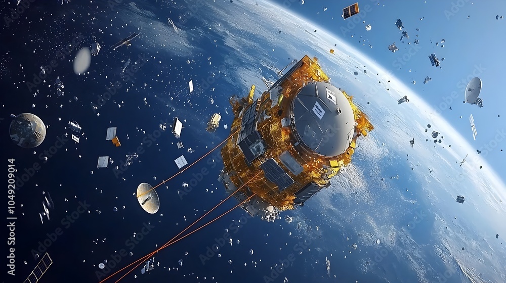 Aufkleber Advanced Space Satellite Equipped with Tethers Deploying to Capture and Remove Floating Fragments of Orbital Debris in the Cosmos