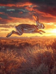 Obraz premium Jackrabbit Leaping Through Desert Landscape at Sunset
