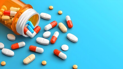 An assortment of prescription medication bottles and pills lined up representing various treatments and remedies for flu symptoms and recovery