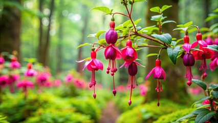 Obraz premium Slime-covered fuchsia flowers in a greenery-filled forest background, slimes, forest