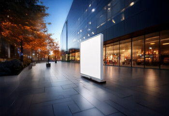 A blank billboard is situated outside a modern building, with a paved area in front.  The billboard is a large rectangle and is illuminated.  A couple of trees are visible to the left of the billboard