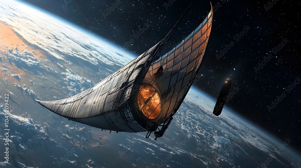 Poster animated depiction of a deorbit sail slowly and gently pulling space debris back to earth showcasing