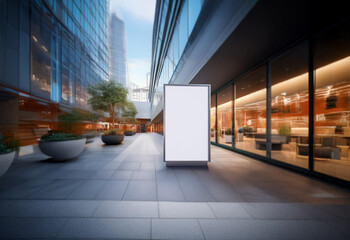 A blank billboard stands in a modern city courtyard, surrounded by sleek architecture and greenery.