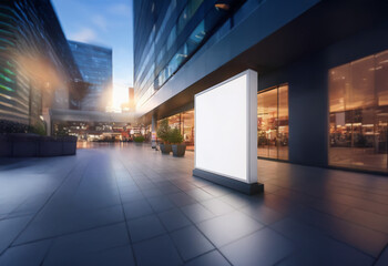 Obraz premium A blank billboard stands in front of a modern cityscape at dusk.