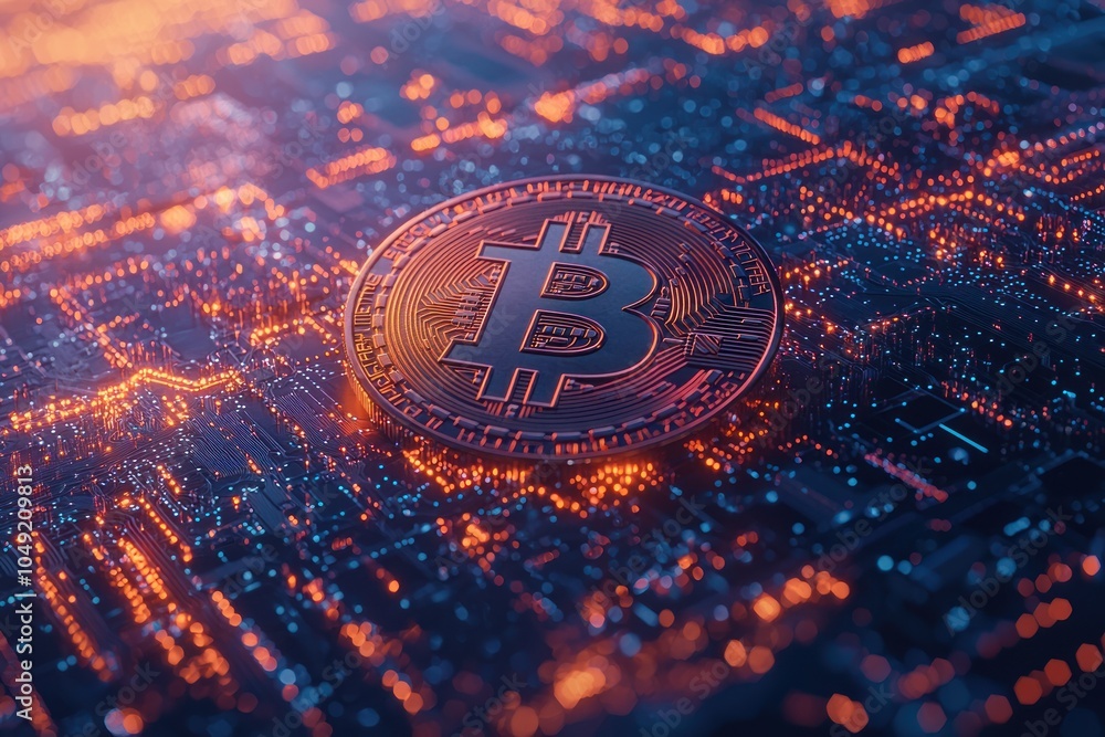 Poster Bitcoin Cryptocurrency Coin on Illuminated Circuit Board