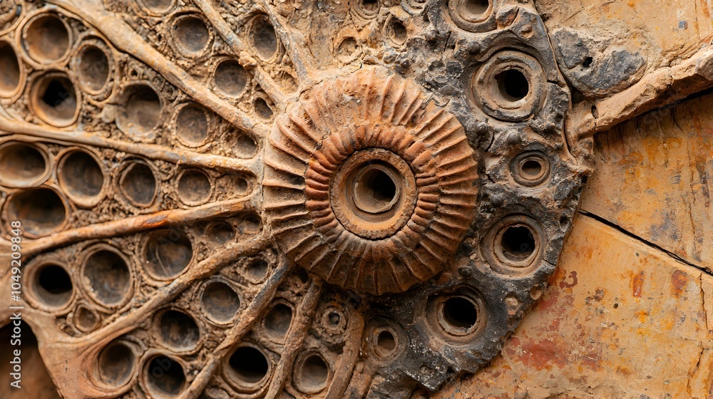 Aufkleber Detailed close up view of a fossilized crinoid stem section showcasing the intricate segmented patterns and textures preserved from this ancient marine creature