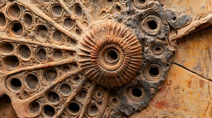 Detailed close up view of a fossilized crinoid stem section showcasing the intricate segmented patterns and textures preserved from this ancient marine creature