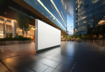 Fototapeta premium A blank billboard stands in front of a modern cityscape at twilight, offering a prime location for advertising.