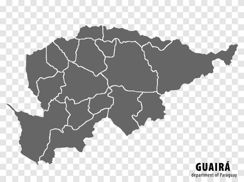 Blank map Guaira Department of Paraguay. High quality map Department  of Guaira with districts on transparent background for your web site design, logo, app, UI.  Republic of Paraguay.  EPS10.