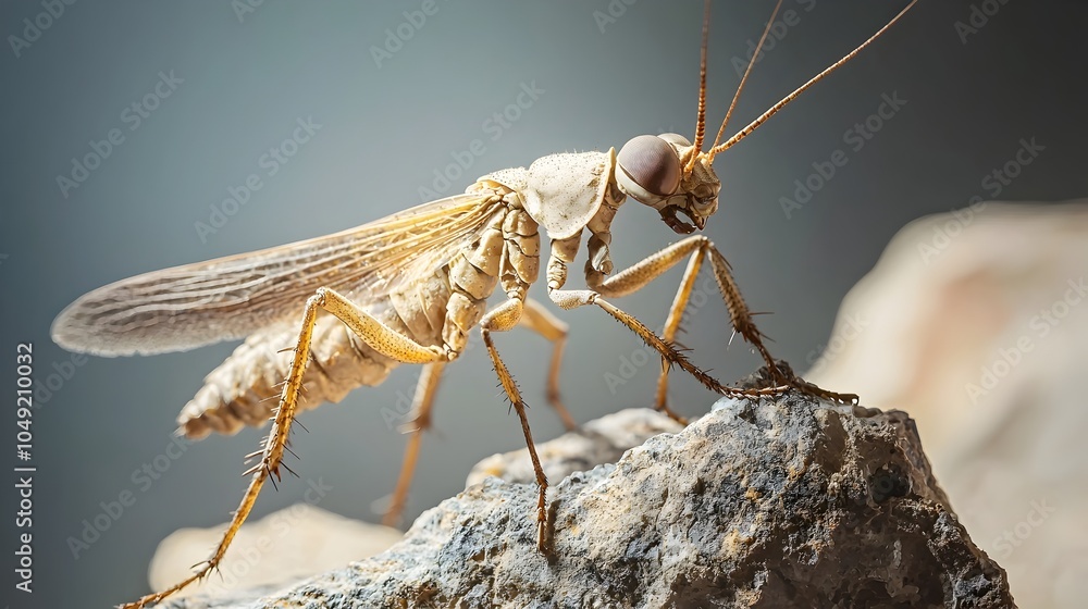 Poster detailed close up view of a fossilized primitive insect specimen preserved within a shale rock forma