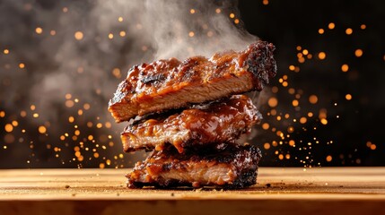 A vertical stack of freshly barbecued ribs stands vibrant, with steaming hot juices dripping and a backdrop of fiery sparks adding to its appeal and aroma.